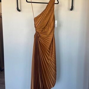 Dress Forum One-Shoulder Pleated Tan Dress